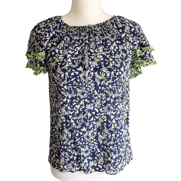 Tanya Taylor Silk Blue Floral Tiered Short Sleeve Pullover Top Small - Picture 2 of 16
